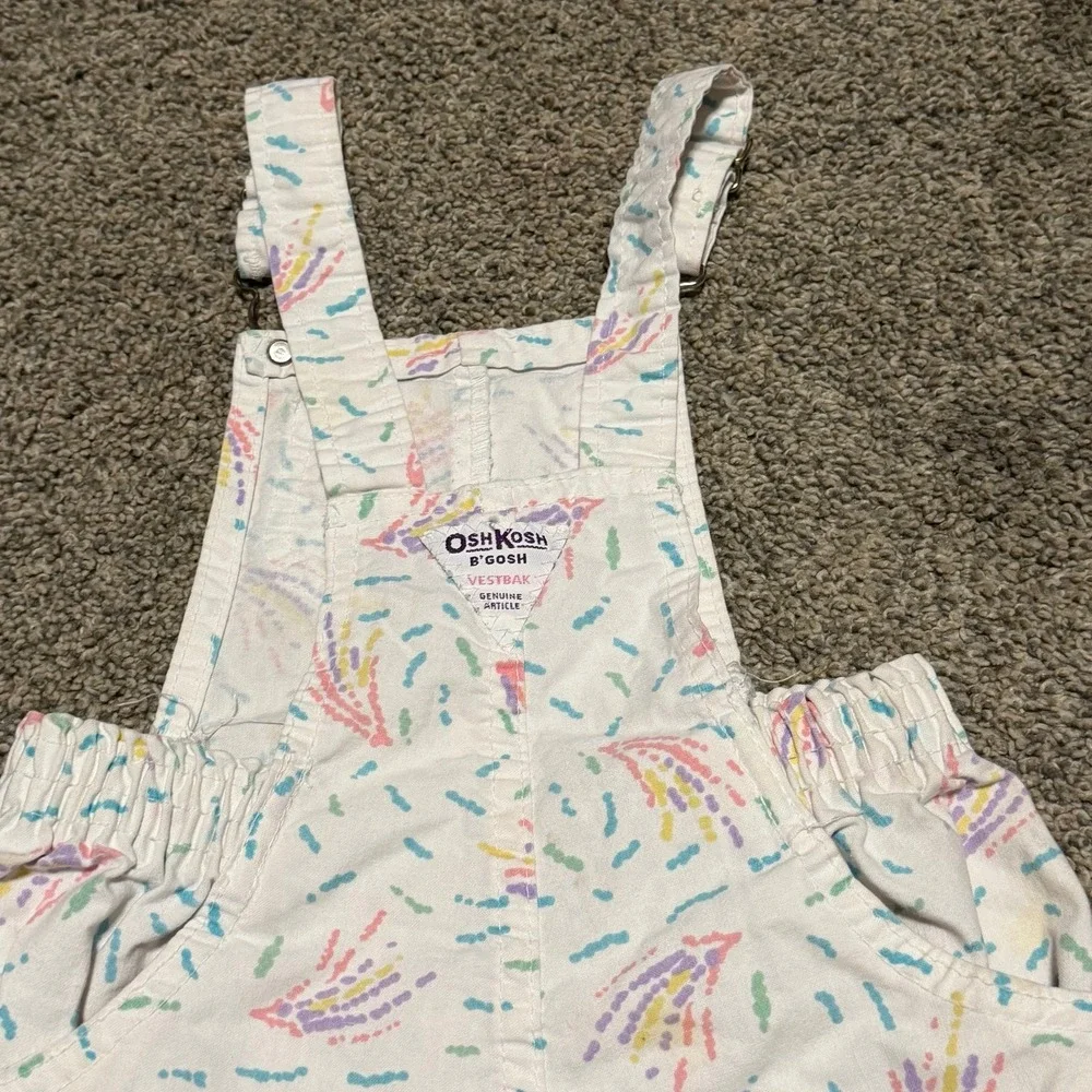 Vintage OshKosh B'Gosh Girls 4 Shortalls Confetti Rainbow Print Overalls USA